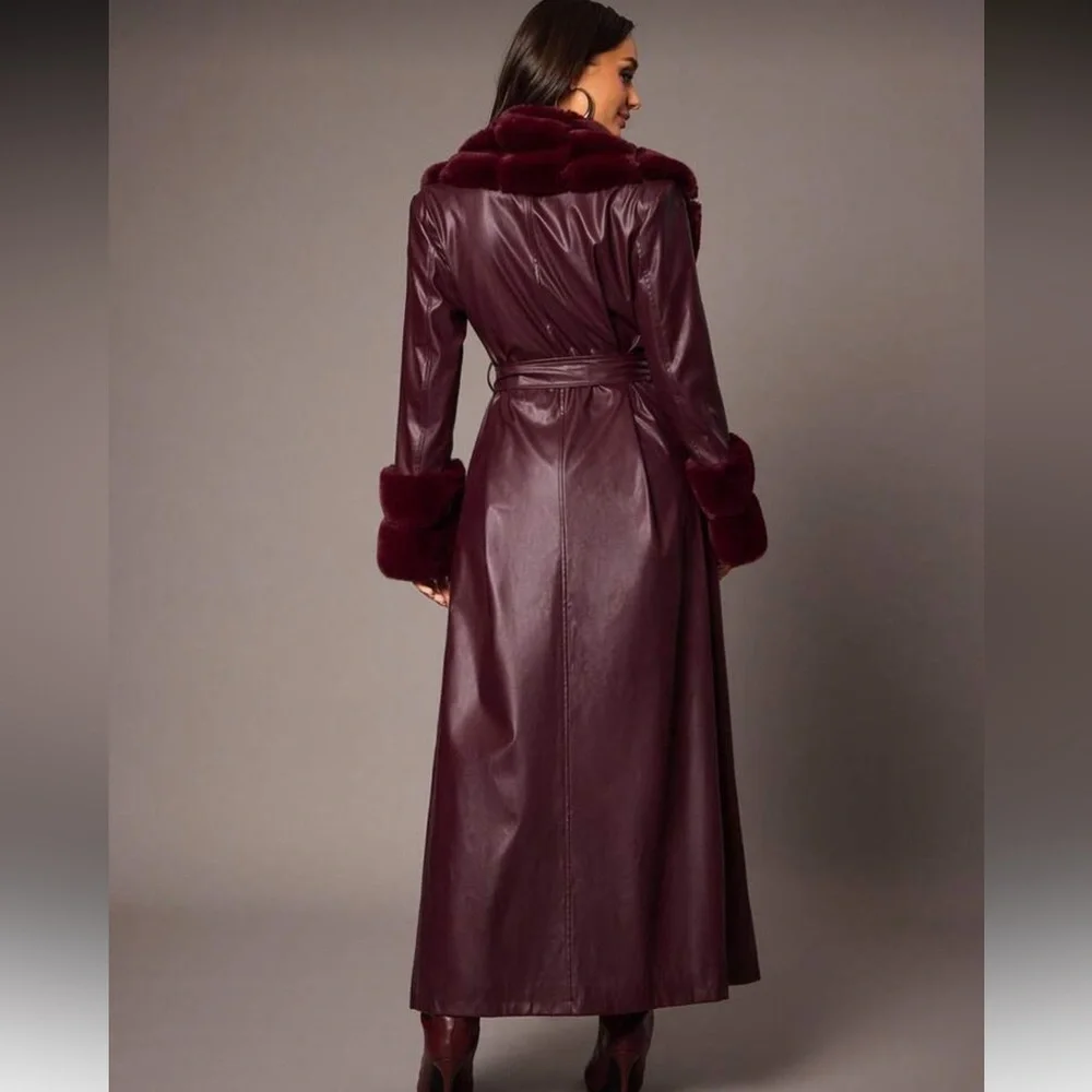 BELT ONLY 🔥 Faux fur collar cuffs vegan leather trench coat burgundy maroon - Picture 4 of 9